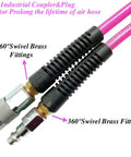 Reinforced Polyurethane Air Hose One Quarter Inch By One Hundred Feet Pink Transparent With Swivel Quick Coupler And Plug Bend Restrictor
