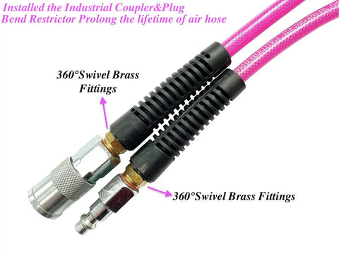 Reinforced Polyurethane Air Hose One Quarter Inch By One Hundred Feet Pink Transparent With Swivel Quick Coupler And Plug Bend Restrictor