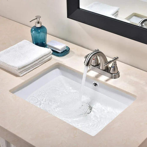 Modern Rectangular Undermount Bathroom Sink 18.5 By 13.8 By 7.9 Inches White Ceramic Lavatory With Overflow, water running