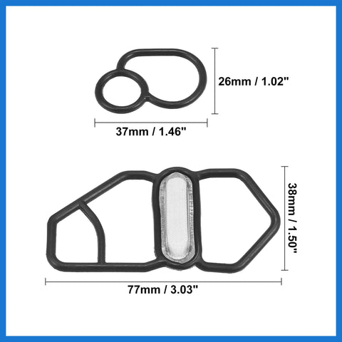 Honda Prelude VTEC Solenoid Gasket Spool Valve Filter Screen Replacement Kit - Easy Install, 2 Pack, shown with dimensions.