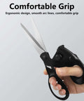 Professional laser-guided sewing scissors with ergonomic black handle and long metal blades