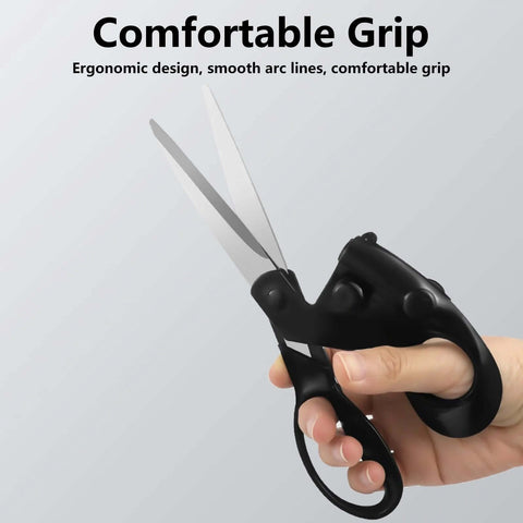 Professional laser-guided sewing scissors with ergonomic black handle and long metal blades