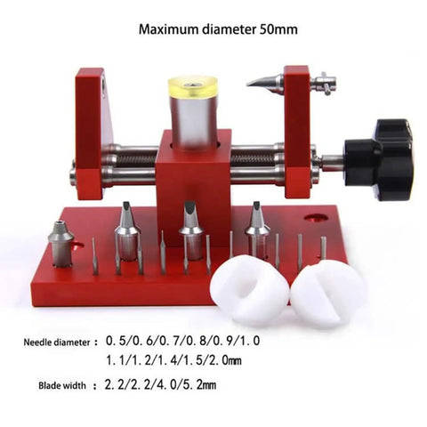 Pro Grade Watch Back Remover Tool Kit displayed with accessories on red base, showing needle and blade sizes.