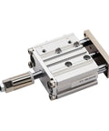 One Piece Adjustable Stroke Pneumatic Air Cylinder With Compact Guide Rod And Straight Shooting Three Axis Actuator side view showing aluminum build.