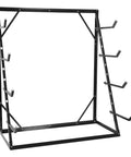 Heavy Duty 4 Tier Lumber Storage Rack With Adjustable Steel Frame And Tough As Nails Build, black frame with hooks.