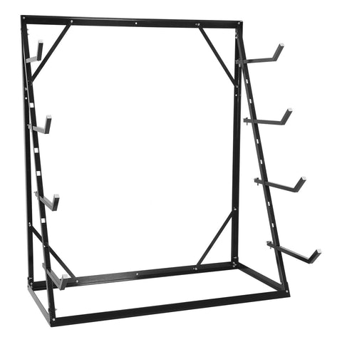 Heavy Duty 4 Tier Lumber Storage Rack With Adjustable Steel Frame And Tough As Nails Build, black frame with hooks.