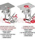 Solid As A Rock Aluminum Router Lift With Slick Quick Raise Lever And Hella Precise Crank Micro Adjustments For Four Point Two Inch Routers, showing steel and aluminum plates with tools.