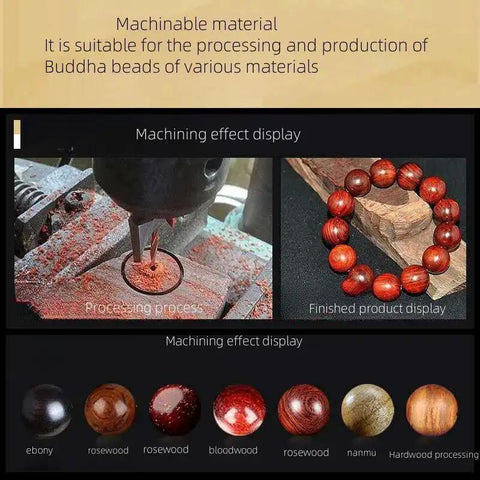 Wood Bead Maker Drill Bit Set 24 Piece 6 To 25 Mm Ball Cutter Kit creating wooden beads, shown with finished bead jewelry.