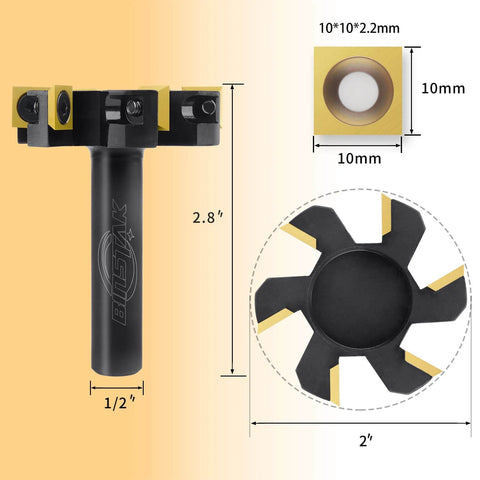 Beast 2 Inch Cutting Diameter Spoilboard Surfacing Router Bit With One Half Inch Shank Six Wing TiN Coated Carbide Inserts