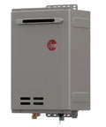 Heavy Duty Outdoor Natural Gas Tankless Water Heater 9.5 GPM 199900 BTU mounted unit with sleek design and visible connections.