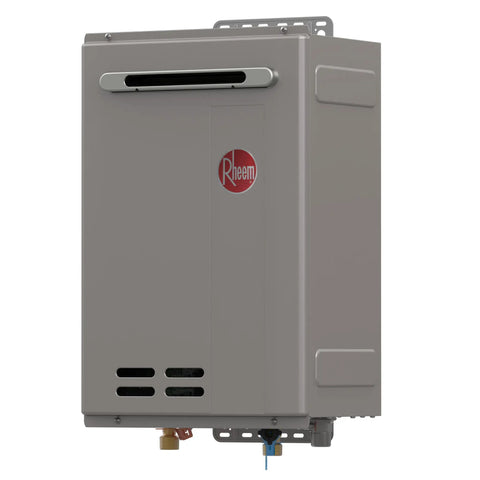 Heavy Duty Outdoor Natural Gas Tankless Water Heater 9.5 GPM 199900 BTU mounted unit with sleek design and visible connections.