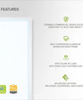 Features of Workhorse 2x2 LED Flat Panel Light showing UL DLC certification and anti-glare lens description.