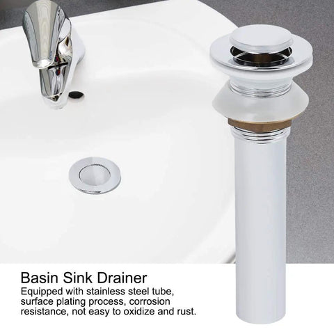 ZAWELIYO Copper Pop Up Drain Stopper Kit, 19cm (Small Bounce Without Holes) installed in a basin sink, showing stainless steel tube.