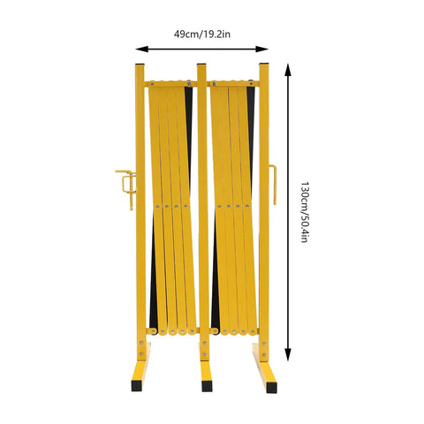 Hardcore Expandable Metal Barricade, Pro Ready Portable Safety Fence With Rock Solid T Base, Zero Hassle Folding Traffic Barrier Gate For Construction Zones And Crowd Control In High Vis Yellow, showing its height and width dimensions.