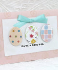Handcrafted Easter card featuring three oval paper cutouts made with 2 Inch Oval Easter Egg Punch Lever Action Craft Punch.