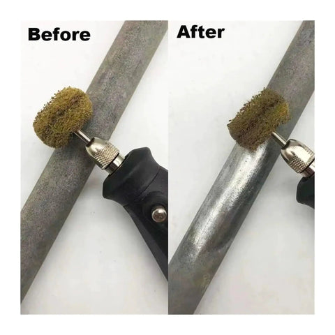 Before and after using Must-Have 10-Piece Nylon Abrasive Wheel Kit With 120 To 600 Grit for metal polishing with rotary tool.