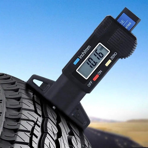 Tool for Measuring Tread tire Pattern Depth Gauge Electronic Digital Represents 0-25mm Depth Vernier Caliper on tire tread.