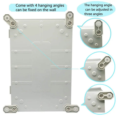 Weatherproof IP65 Junction Box In ABS Plastic With Hinged Shell For Outdoor Electrical Enclosures Includes Mounting Plate And Wall Brackets Grey 15.7 X 11.8 X 7.1 Inches 400 X 300 X 180 Mm DIY Friendly And Rugged, rear view with adjustable wall brackets