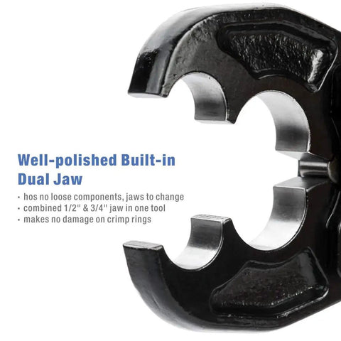 Close-up of well-polished dual jaw of Pex Crimping Tool Dual Size One Half Inch And Three Quarter Inch Heavy Duty.