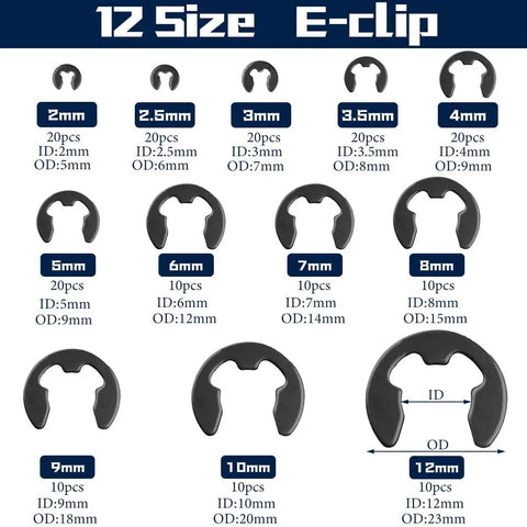 Alloy Steel E Clips And External Retaining Rings Kit Set Keronah with multiple sizes from 2mm to 12mm displayed