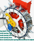 Close-up of Walk Behind Garden Seeder with 16 outlets and adjustable spacing for precise planting in lawn and row crops.