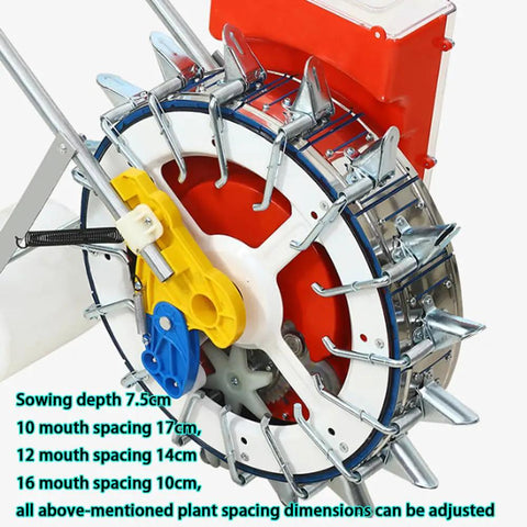 Close-up of Walk Behind Garden Seeder with 16 outlets and adjustable spacing for precise planting in lawn and row crops.