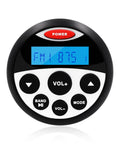 Deck Certified Marine Stereo Receiver With Bluetooth And Ip66 Waterproof Build interface, round shape, displaying FM tuning, for boats and ATVs.