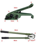 Heavy Duty Manual PET Strapping Machine With Reinforced Steel Banding Tool Tensioner, green handle, 24cm long for industrial packaging.