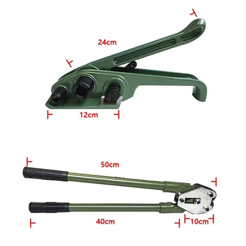 Heavy Duty Manual PET Strapping Machine With Reinforced Steel Banding Tool Tensioner, green handle, 24cm long for industrial packaging.