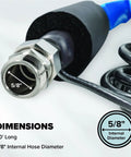 Close-up of Heated Water Hose For RV Beefed Up 50 Feet Freeze Protection To Minus Twenty Degrees, 5/8" ID, connector and dimensions.