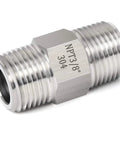 304 Stainless Steel Pipe Fitting Hex Nipple And Coupling Kit, Three Eighths Inch NPT Male To Female Threads, close-up of NPT 3/8" 304 steel fitting
