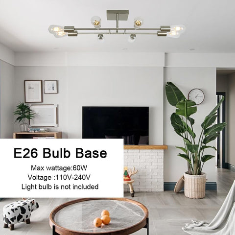 8 Light Modern Sputnik Ceiling Light In Brushed Nickel, Vintage Metal Chandelier, Semi Flush Mount Fixture For Kitchen Living Room Bedroom Hallway, E26 Bulb Compatible, Stylish Indoor Lighting