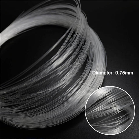 Close-up of End Glow PMMA Fiber Optic Cable Strands Roll, 100 Pieces, 0.03 Inch Diameter, 9.8 Feet Long, Transparent, Flexible, Coiled