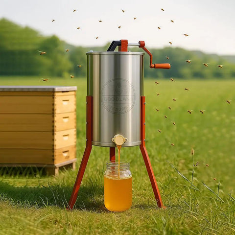 He3Man 3 Frame Beekeeping Drum Honey Extractor With Stand showing honey flow into jar on grass