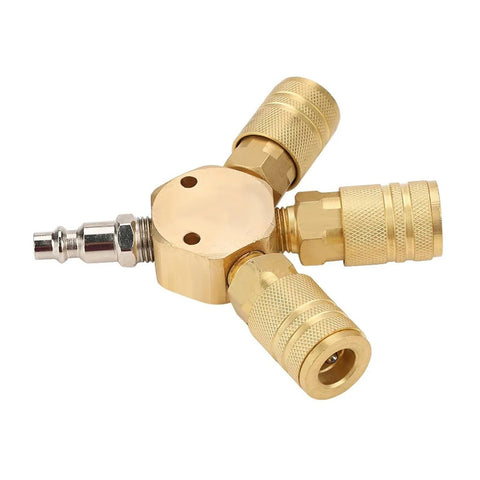 Three Way Air Manifold With Quick Connect Brass Body For Pneumatic Systems Compact 80 By 80 Millimeter Distribution Block