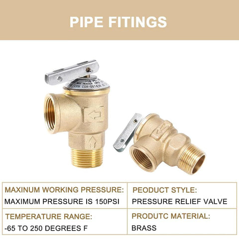 Two brass 3/4in NPT temperature and pressure relief valves, push-to-connect fittings, front and side views.