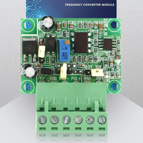 Pro Grade Frequency To Voltage Converter Module Turns 0 To 10 KHz Pulses Into 0 To 10 V Analog Signal With Isolation For PLC And Motion Control Systems Built For Tight Precision And Reliable Industrial Automation green PCB with screw terminal block