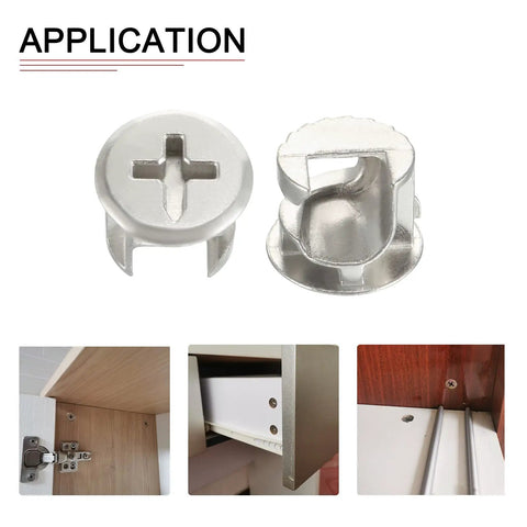 Solid Zinc Alloy Cam Lock Nuts For Furniture Repair Hella Sturdy Nickel Plated Connectors, showing application in cabinet assembly.