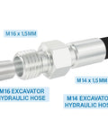 Close-up view of metal hydraulic hose adapter with M16 x 1.5mm and M14 x 1.5mm threads (2 pcs)