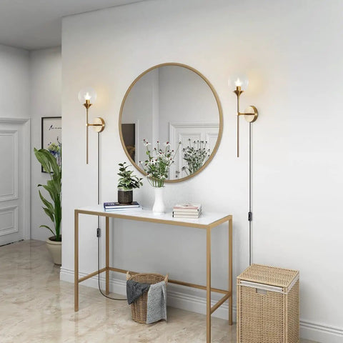 Slick Modern Long Globe Plug In Wall Sconce Lights Set Of 2 With Clear Glass Globes Brass Gold Finish 2 In 1 Plug In Or Hardwired