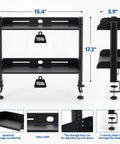 Front and side view of 2-Tier Clamp-On Desk Shelf Carbon Steel Space-Saving Desktop Organizer, dimensions shown, no-drill clamps.