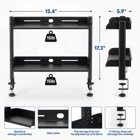 Front and side view of 2-Tier Clamp-On Desk Shelf Carbon Steel Space-Saving Desktop Organizer, dimensions shown, no-drill clamps.