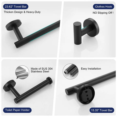 Matte Black Stainless Steel Bathroom Hardware Set With 20 Inch Towel Bar Toilet Paper Holder And Two Robe Hooks Wall Mounted Bath Accessory Kit Rustproof SUS304 Finish For Modern Homes, showing parts and features.