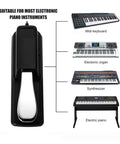 Rock Solid Sustain Pedal For Electronic Keyboards And MIDI Synthesizers shown alongside compatible instruments like midi keyboard and electronic organ.