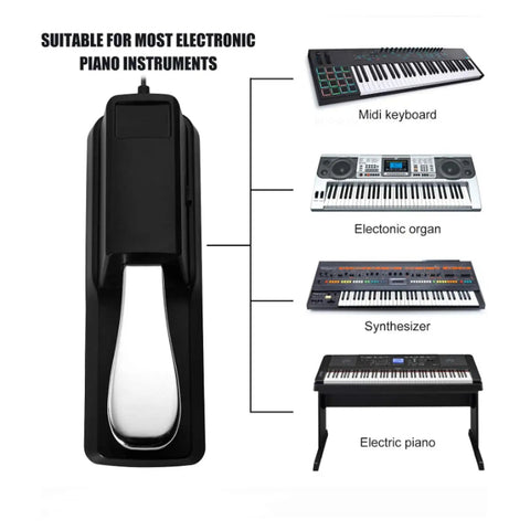 Rock Solid Sustain Pedal For Electronic Keyboards And MIDI Synthesizers shown alongside compatible instruments like midi keyboard and electronic organ.