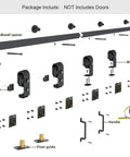 Four Door Bi-Fold Sliding Barn Door Hardware Kit In Rustic Black with rollers, tracks, floor guides, and connectors layout