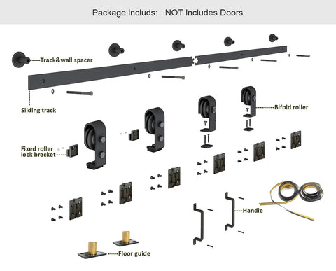Four Door Bi-Fold Sliding Barn Door Hardware Kit In Rustic Black with rollers, tracks, floor guides, and connectors layout