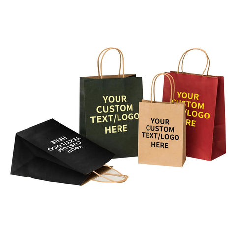 Custom Kraft Paper Bags With Logo 300 Pack For Small Biz, 8x4.5x10.8 Inches, brown shopping bags with handles, in assorted colors
