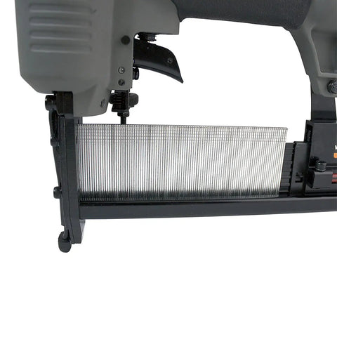 Close-up of 2 In 1 18 Gauge Pneumatic Brad Nailer And Narrow Crown Stapler showing magazine and nail depth adjustment feature.