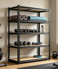 Kickass Heavy Duty 5 Tier Metal Storage Shelving Unit With Reinforced Adjustable Steel Racks For Garage Pantry Warehouse Industrial Tool Organization Setup holding dumbbells and exercise mats.